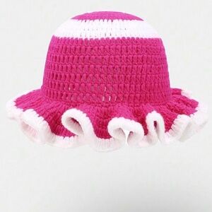Hot Pink & White Striped Multi-Coloured Crochet Bucket Hat